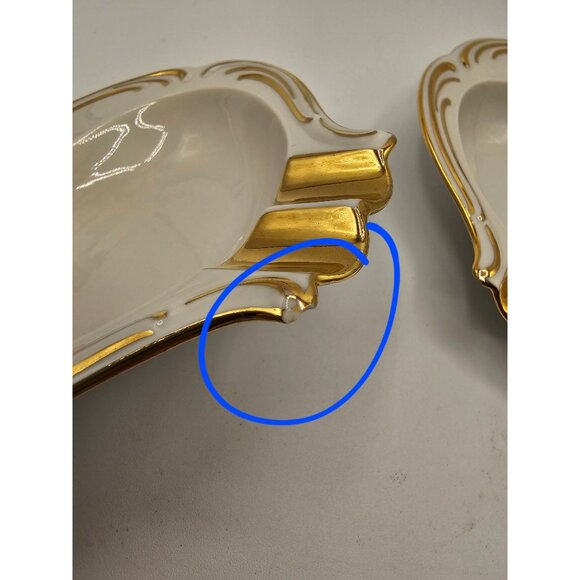 Pair of Antique Dresden Ashtrays for 2 Delicate Coquette Roses and Gold Details - Picture 4 of 10